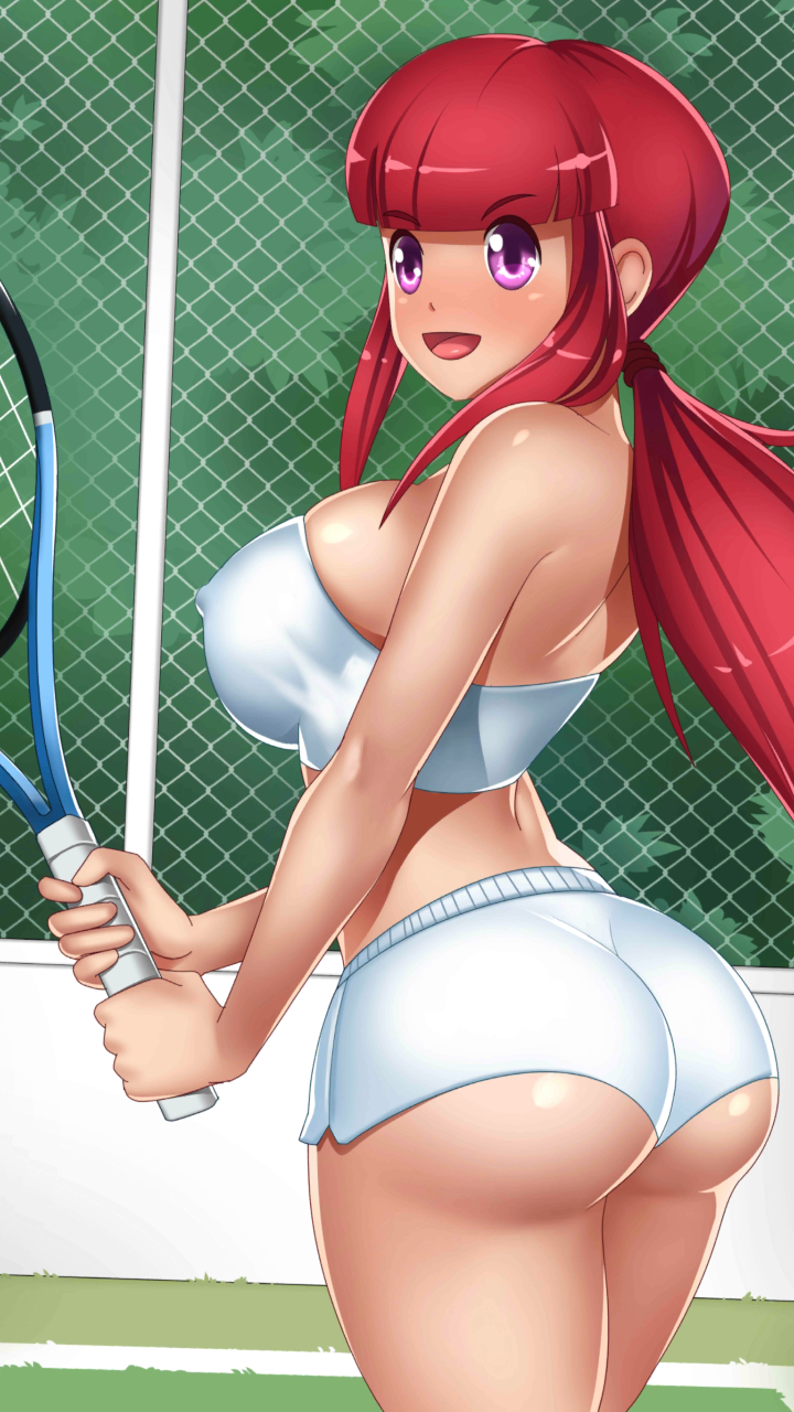 big_ass big_breasts booty_calls bubble_butt curvy female female_only liv_(booty_calls) pink_eyes ponytail red_hair solo sport tennis tight_clothing