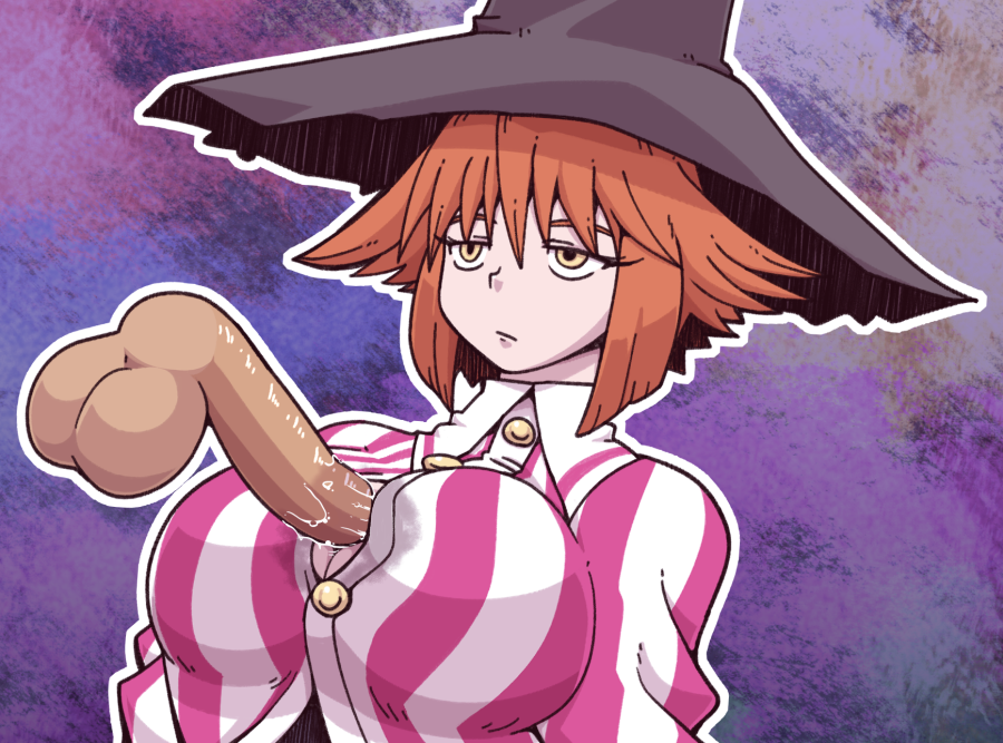 artist_request blush breasts female gloves hat houshin_engi kinkouseiba large_breasts masturbation no_bra paizuri penis precum serious short_hair straight testicles witch_hat