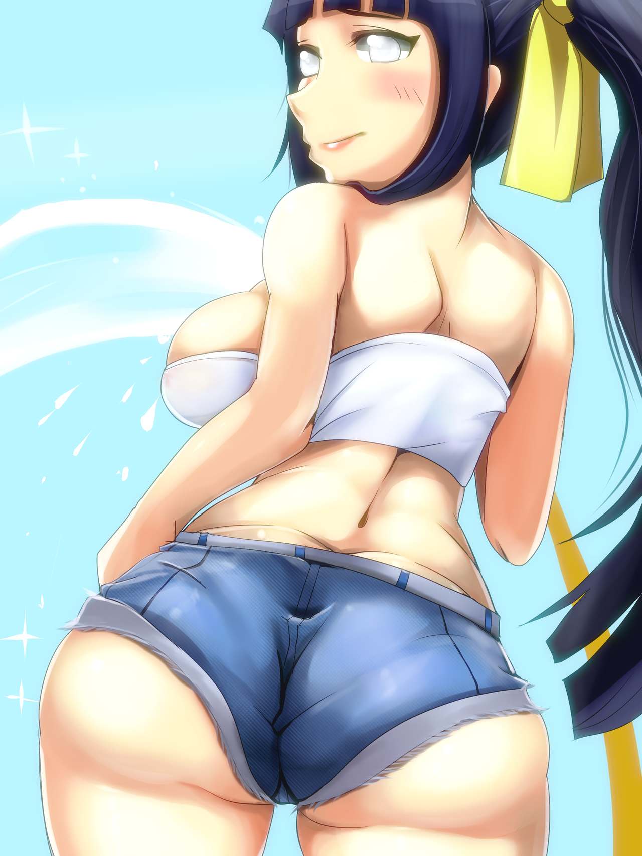 1girls, ass, big breasts, blue hair, breasts, busty, curvy, daisy dukes, female, female only, hyuuga hinata, jean shorts, large breasts, long hair, naruto, naruto (series), ponytail, smile, solo, voluptuous, water