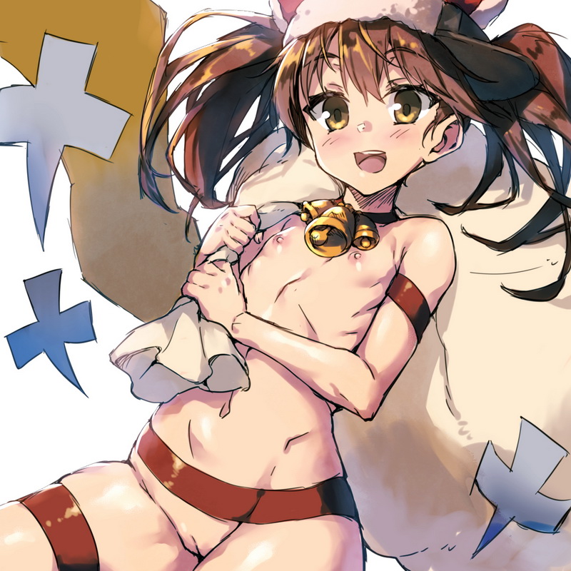 1:1 bag bell bell_collar blush brown_eyes brown_hair christmas christmas_outfit collar female female_only hat kantai_collection long_hair naked_ribbon navel nipples open_mouth petite pettanko pointy_chin redcomet ribbon ribs ryuujou_(kantai_collection) santa_hat simple_background smile solo tied_hair twintails uncensored vagina white_background