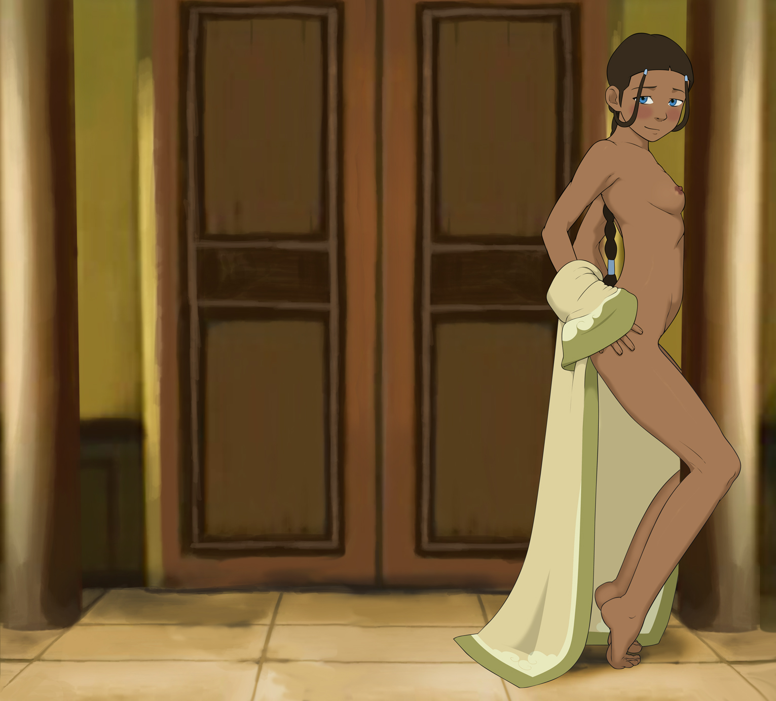 1girls, accurate art style, anaxus, avatar the last airbender, barefoot, blush, breasts, brown hair, calf muscles, clothing, dark skin, dark-skinned female, feet, female, katara, long hair, looking at viewer, muscles, nipples, ponytail, robe, room, side view, small breasts, smile, solo, solo focus, tiptoes, toes