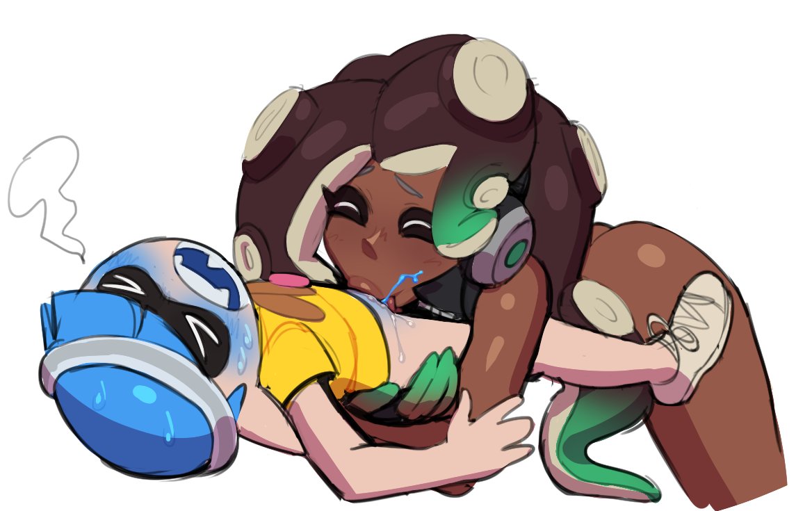 1boy 1girls :>= all_the_way_to_the_base ass balls_deep blowjob blue_hair blush cum_in_mouth dark-skinned_female dark_skin deepthroat erection fellatio fellatio_domination femdom holding hug inkling inkling_boy interracial interspecies larger_female marina_(splatoon) nintendo no_pants noill octoling on_top oral oral_penetration oral_sex penis saliva size_difference splatoon splatoon_2 spread_legs straight sweat