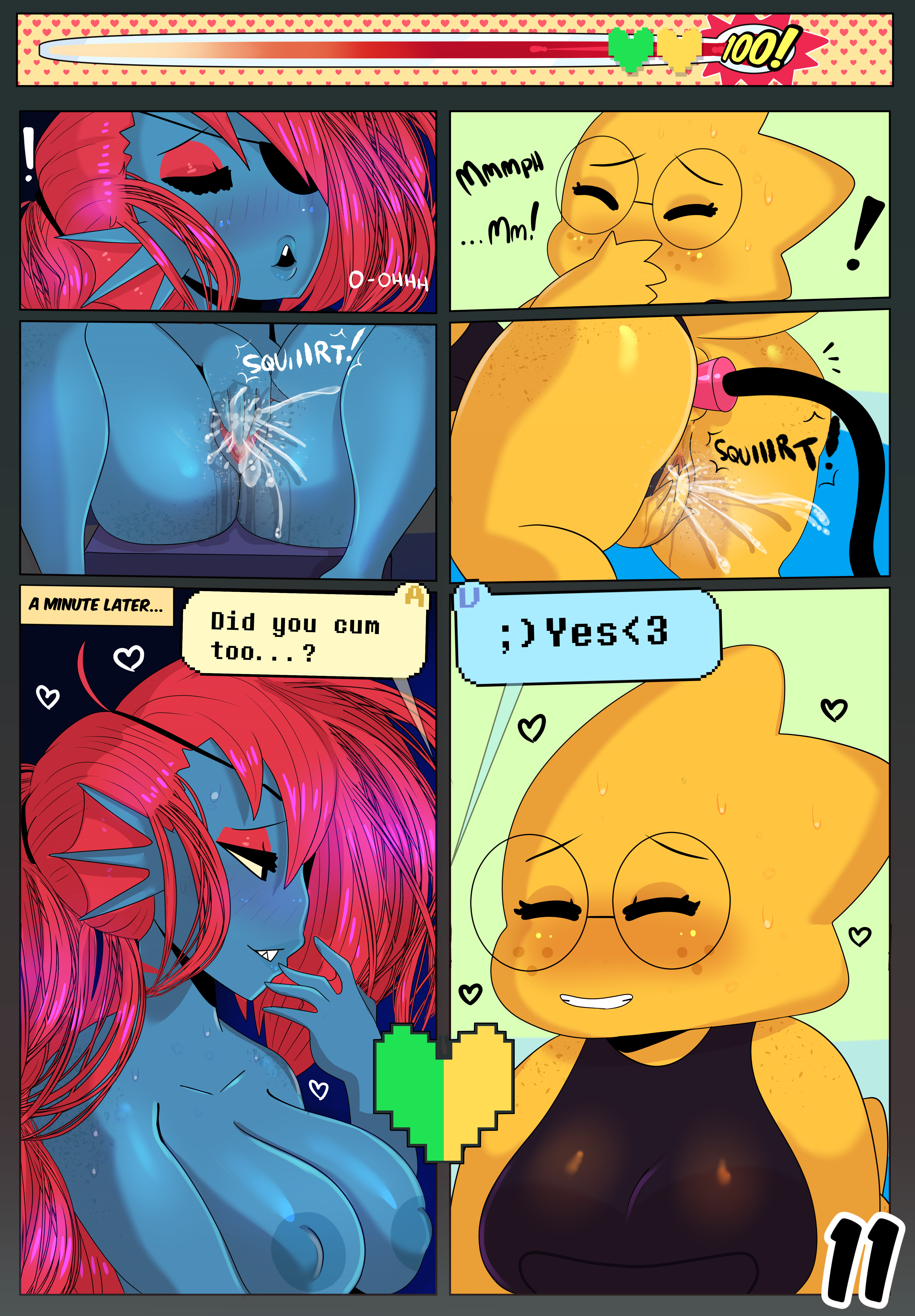 !, absurd res, alphys, anal, anal masturbation, anal orgasm, anthro, anus, ass, black clothing, blue nipples, blue skin, blush, breasts, chat log, clothed, clothing, comic, dialogue, dildo, duo, ejaculation, english text, eye patch, eyeliner, eyewear, female, fingering, freckles, glasses, hair, heart, hi res, humanoid hands, leotard, makeup, marine, masturbation, nipples, non-mammal breasts, noseless, orange pussy, orgasm, partially clothed, pussy, pussy ejaculation, pussy juice, red hair, reptile, romantic couple, round glasses, scales, scalie, sex toy, somescrub, spread legs, spreading, text, undertale, undyne, vaginal masturbation, vaginal penetration, video games, yellow scales