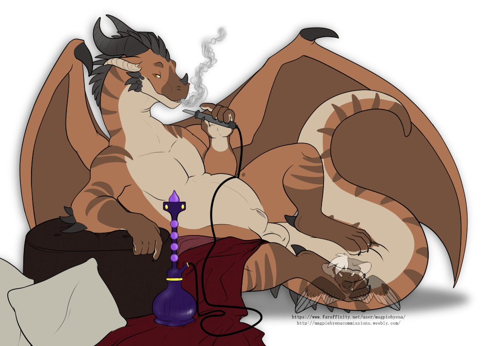 animal_genitalia balls dragon foot_on_tail hookah looking_at_viewer lounging magpiehyena male relaxing scalie sheath smoke smoking solo wings