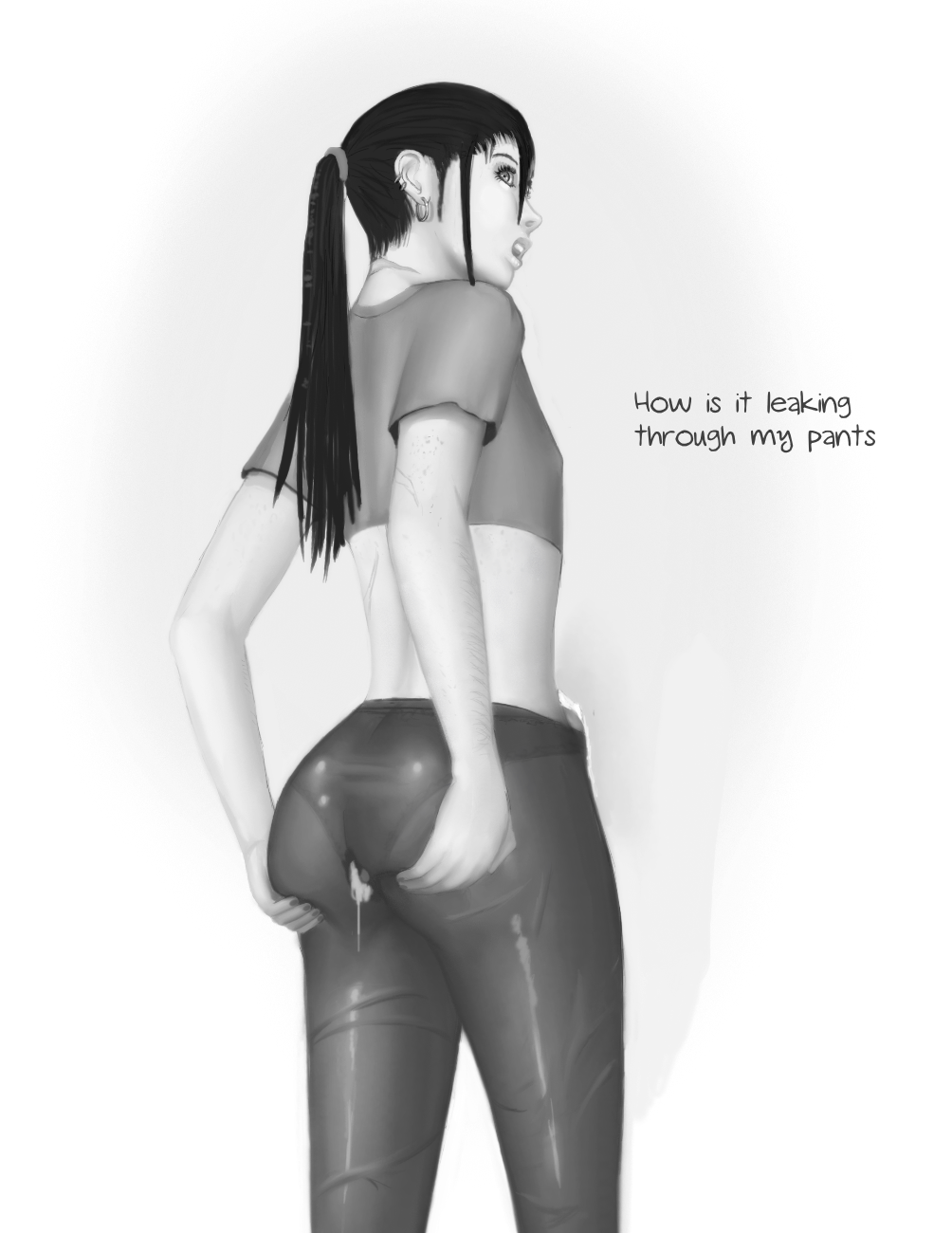 1boy, arm hair, ass, ass grab, black hair, blackknight23, cum, cum in ass, cum leaking, dreadlocks, earrings, ejaculation, english text, femboy, fondle, fondling, handsfree ejaculation, male, male only, monochrome, scars, self fondle, shocked, solo, text, tight clothes, tight fit, tight pants, trap, white skin