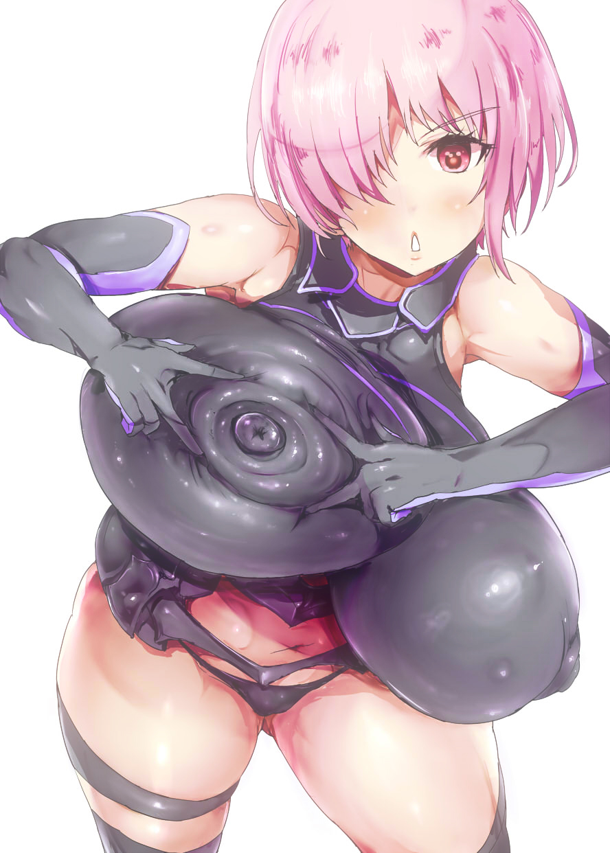 1girls, bare shoulders, big breasts, black gloves, blush, bodysuit, breasts, busty, cleavage, clothing skin, curvy, elbow gloves, erect nipple, erect nipples, eyelashes, fate (series), fate/grand order, female, female only, front view, gloves, hair over one eye, hand on breast, hourglass figure, human, looking at viewer, mash kyrielight, mozu-k, nipple bulge, nipple pinch, nipples, open mouth, pink hair, pose, posing, red eyes, shielder (fate/grand order), shiny, shiny skin, short hair, simple background, solo, standing, voluptuous, wide hips