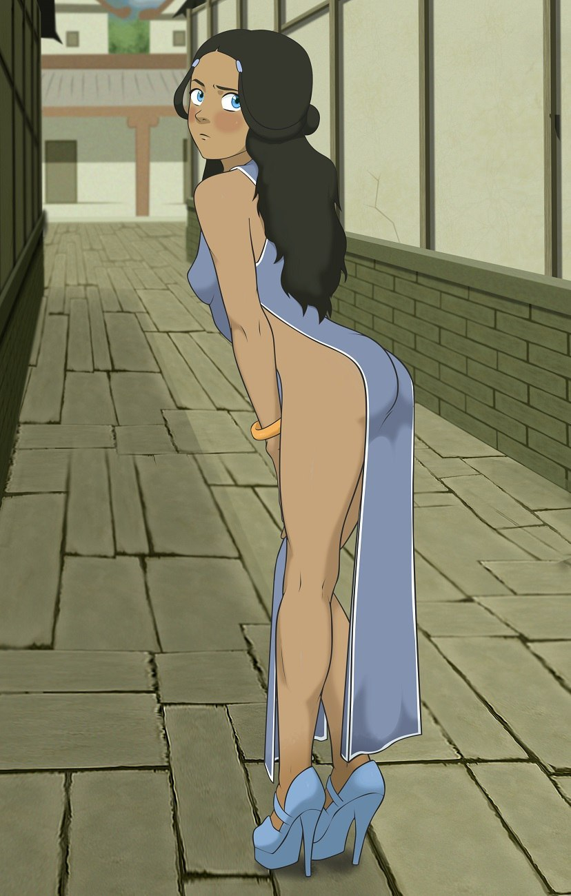1girls, anaxus, ass, avatar the last airbender, bent over, blue eyes, blue high heels, blush, breasts, brown hair, calf muscles, chinese clothes, clothing, dark skin, dark-skinned female, dress, female, female only, heels, katara, looking back, muscles, nickelodeon, small breasts, solo, straight hair, tagme