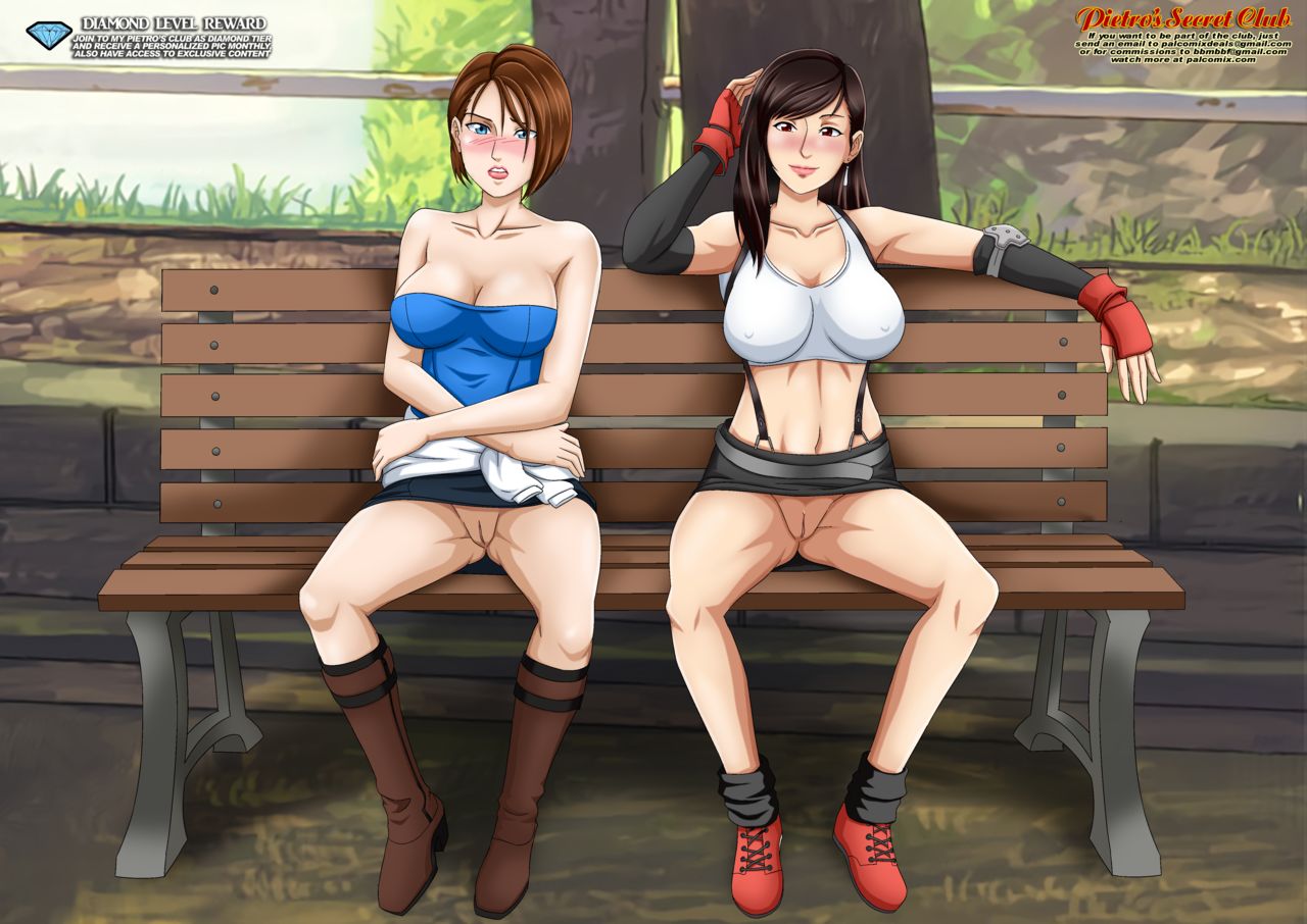 1girls, beltskirt, big breasts, biohazard, black hair, black skirt, blush, breasts, brown boots, brown hair, capcom, crossover, female, final fantasy, final fantasy vii, jill valentine, jill valentine (julia voth), palcomix, pussy, red shoes, resident evil, resident evil 3, square enix, tifa lockhart, tubetop, upskirt, vagina