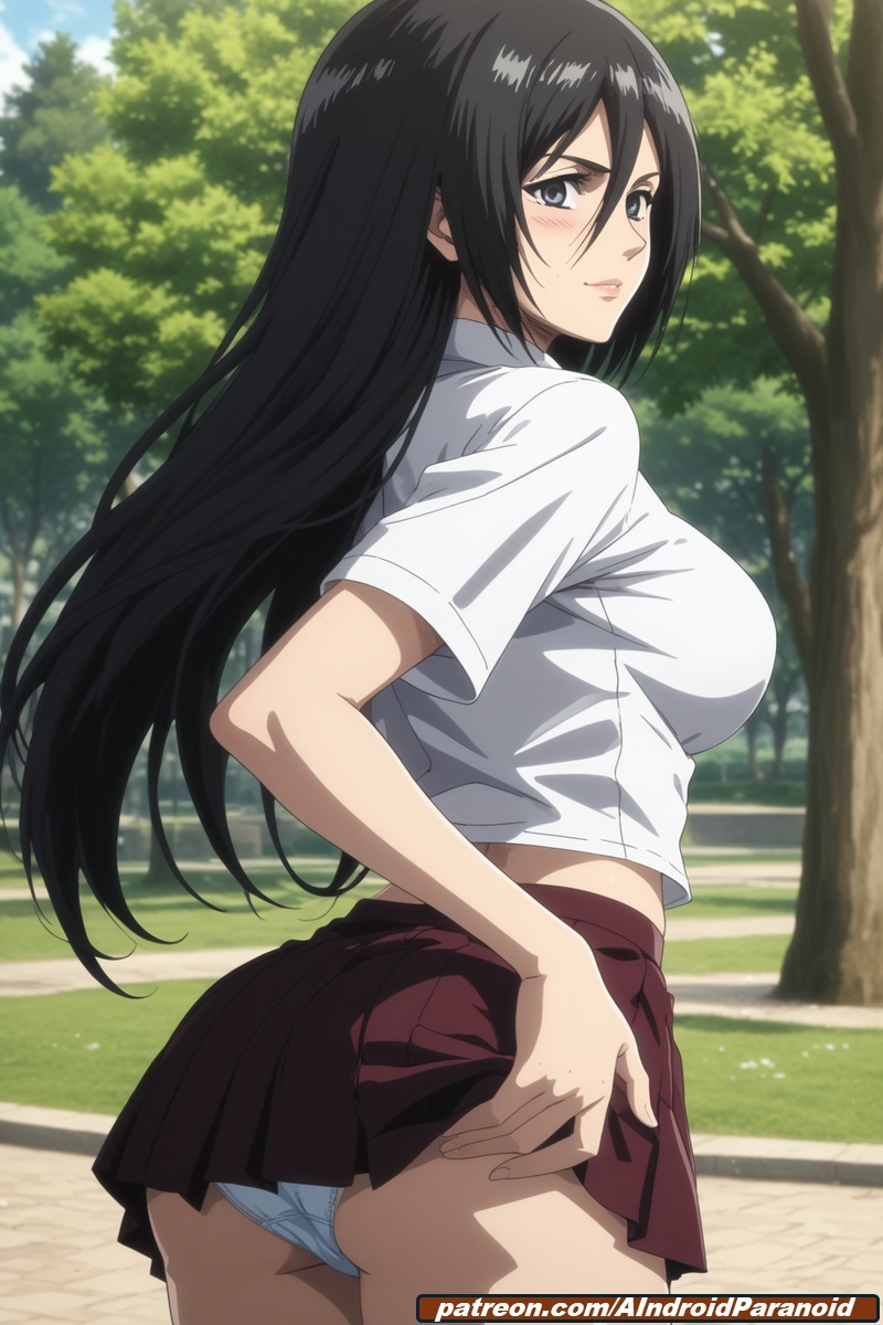 ai generated, aindroidparanoid, ass, attack on titan, black eyes, black hair, breasts, female, huge ass, huge breasts, huge butt, jack-o pose, large breasts, long hair, mikasa ackerman, narrow waist, park, red scarf, scarf, school uniform, schoolgirl, shingeki no kyojin, shirt, skirt, slim waist, stable diffusion, standing, straight hair, white skin