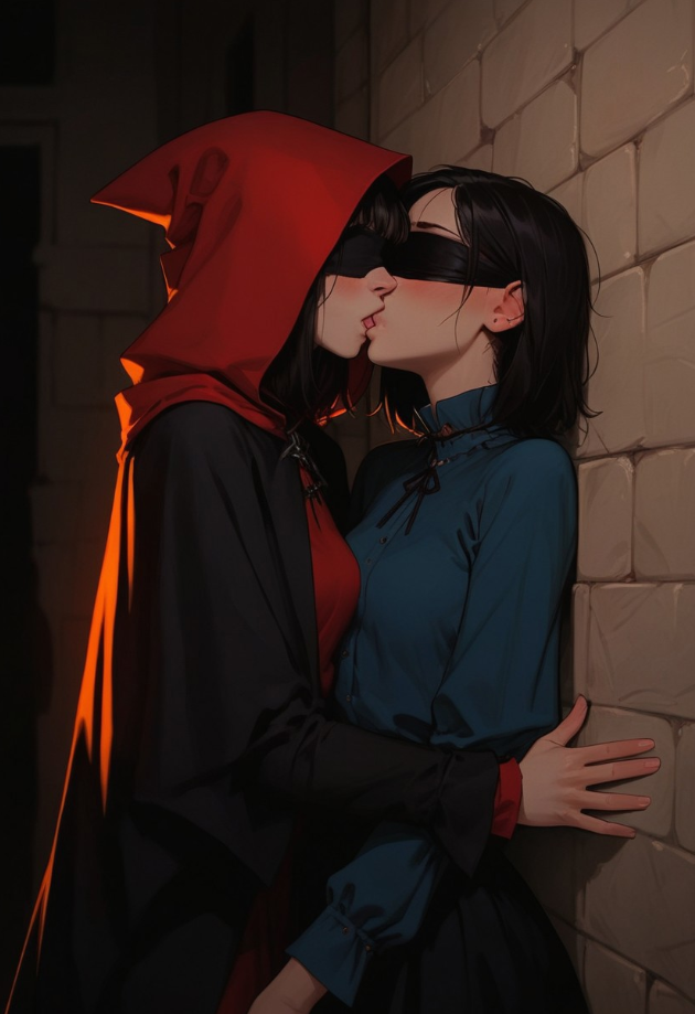 2girls against_wall ai_generated black_clothing black_hair blindfold blue_clothing blush cache female game_cg kissing lesbian magical_girl original_character red_clothing red_hood starflint_descent threadweaver witch yuri