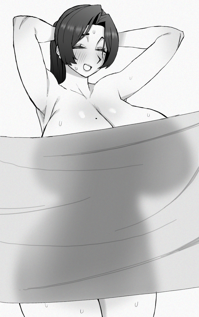 big breasts, breasts, covering, covering breasts, efto (pixiv), female, large breasts, mole, mole on breast, naked, naked female, nude, nude female, see-through, tease, towel