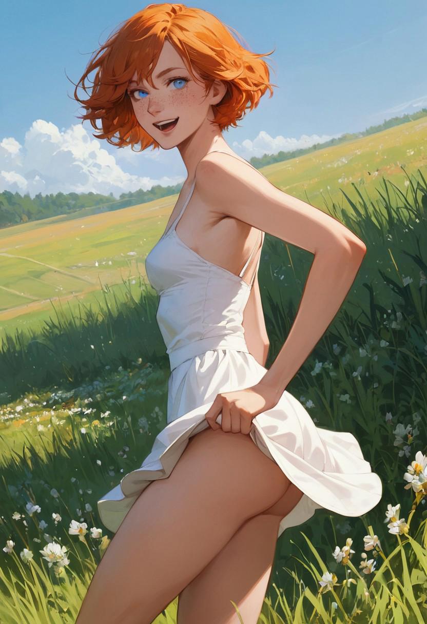 1girls ai_generated ass blue_eyes blush cute dress freckles ginger ginger_hair grass happy human lifting_shirt short_hair small_breasts smile solo solo_female standing sundress young