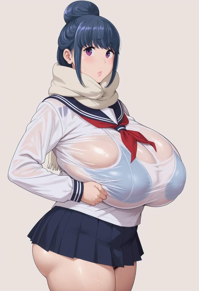 ai_generated ass_cleavage blue_hair bra female female_focus female_only miniskirt pubic_hair pubic_hair_peek school_uniform see-through see-through_clothing shima_rin simple_background sole_female thick_thighs wet_shirt yurucamp