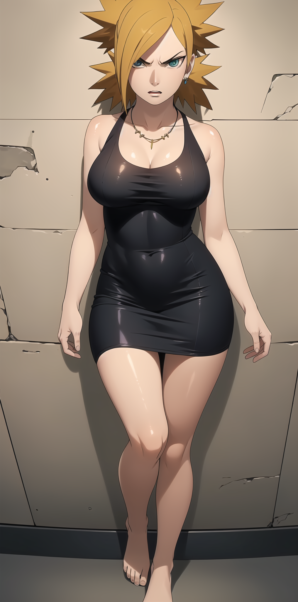 above_view ai_generated angry annoyed artist_name artist_request black_dress blonde_hair breasts conniexx dress medium_breasts naruto_(series) necklace short_girl stable_diffusion temari tight_clothing