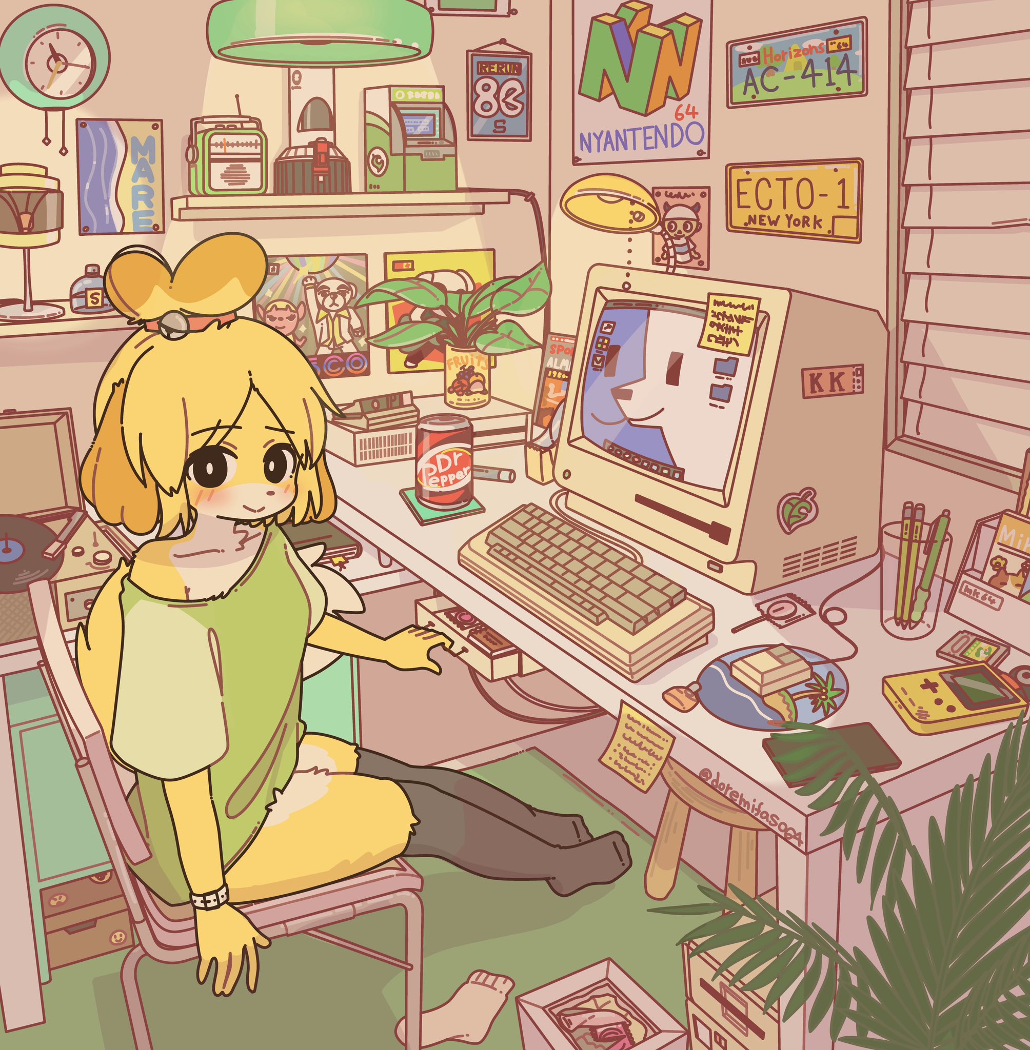 1girls, animal crossing, black stockings, black thighhighs, blush, blushing at viewer, blushing female, computer, computer keyboard, computer monitor, computer mouse, condom wrapper, doremifaso64, dr pepper, female, female focus, fuchsia (animal crossing), green shirt, happy, isabelle (animal crossing), k.k. slider, keyboard, keyboard (computer), monitor, mouse, nintendo, nintendo 64, not porn, sitting, stockings, thighhighs, yellow fur