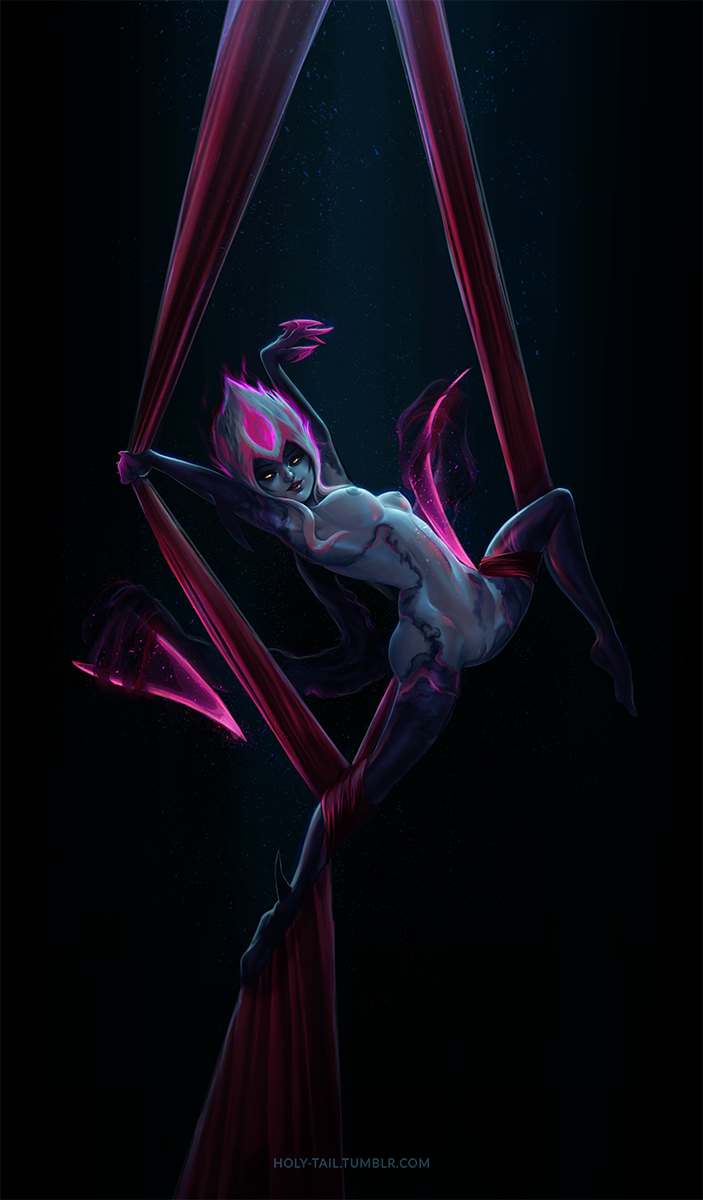 1girls acrobatic acrobatics aerial breasts claws curtains dance dancing demon demon_girl demoness erect_nipples evelynn female female_only holy-tail humanoid league_of_legends midair monster_girl nipples non-human nude pussy ribbons small_breasts solo succubus