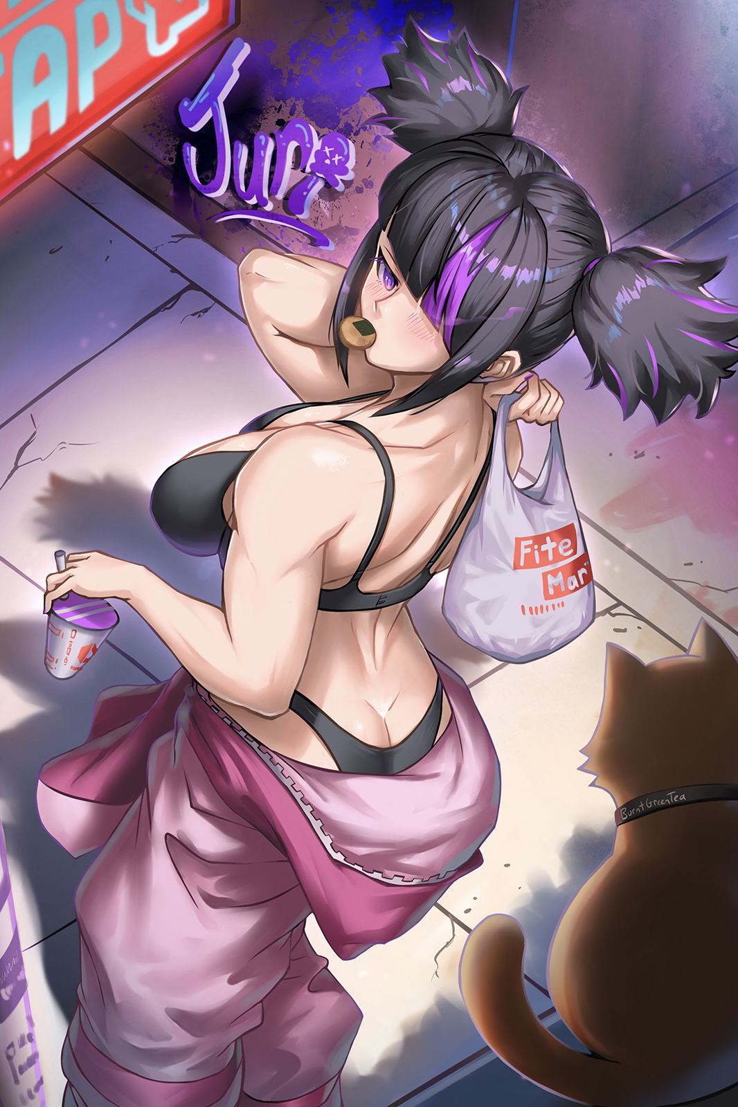 1girls, artist name, ass, bag, big breasts, black bra, black hair, black panties, bra, burnt green tea, butt crack, clothes around waist, cosplay, feline, female, female only, food in mouth, hair over one eye, highres, juri han, kigurumi, looking back, multicolored hair, official alternate costume, official alternate hairstyle, panties, purple eyes, purple hair, shopping bag, street fighter, street fighter 6, twintails, underwear