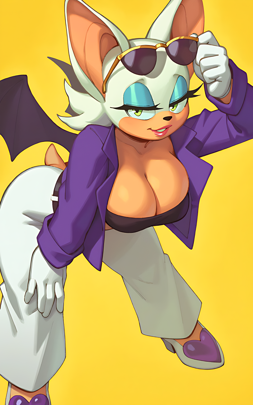 1girls 2023 2023s 2d 2d_(artwork) 2d_artwork anthro bat bat_ears bat_girl bat_tail bat_wings belt big_breasts blue_eyeshadow breasts chiropteran cleavage clothed eyelashes eyeshadow female female_focus female_only furry furry_female gloves green_eyes hi_res huge_breasts jacket leaning_forward lipstick makeup mature_female milf mobian mobian_(species) mobian_bat naughty_face pants purple_jacket rizdraws rouge_the_bat sega shoes short_tail shortstack simple_background smile sonic_(series) sonic_adventure_2 sonic_the_hedgehog_(series) suggestive_look sunglasses sunglasses_on_head tail tan tan-skinned_female tanned_skin the_murder_of_sonic_the_hedgehog white_fur white_gloves white_hair wings yellow_background