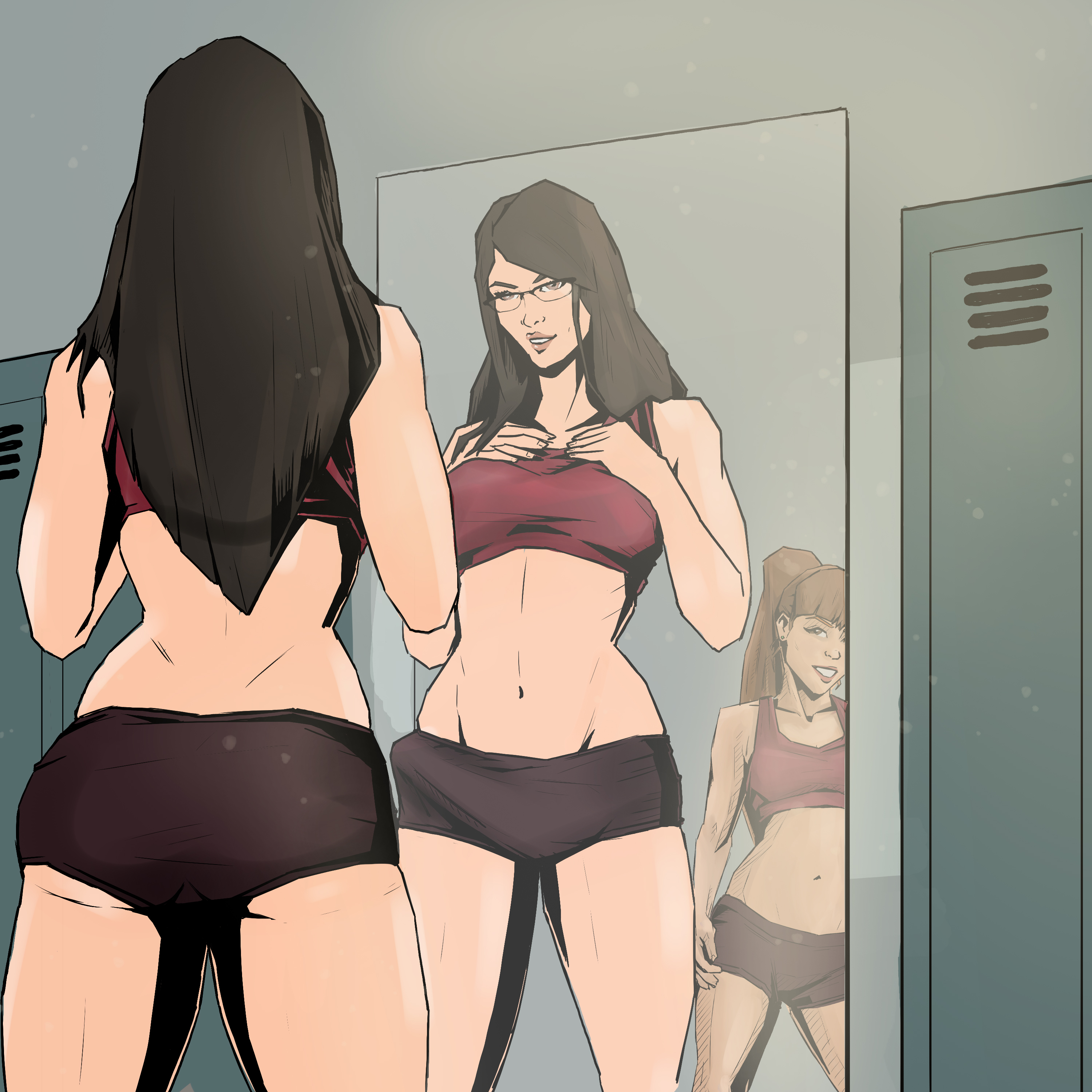 2futas, admiring, artist request, balls, bangs, big penis, black hair, breasts, brown hair, brunette, clothed, clothing, duo, erection, erection in panties, erection under clothes, fully clothed, futa only, futanari, glasses, hourglass figure, human, intersex, light skin, light-skinned futa, locker room, long hair, madison (vixen county volleyball team), mirror, mirror reflection, penis, presenting, school uniform, skimpy clothes, solo focus, standing, vixen county volleyball team