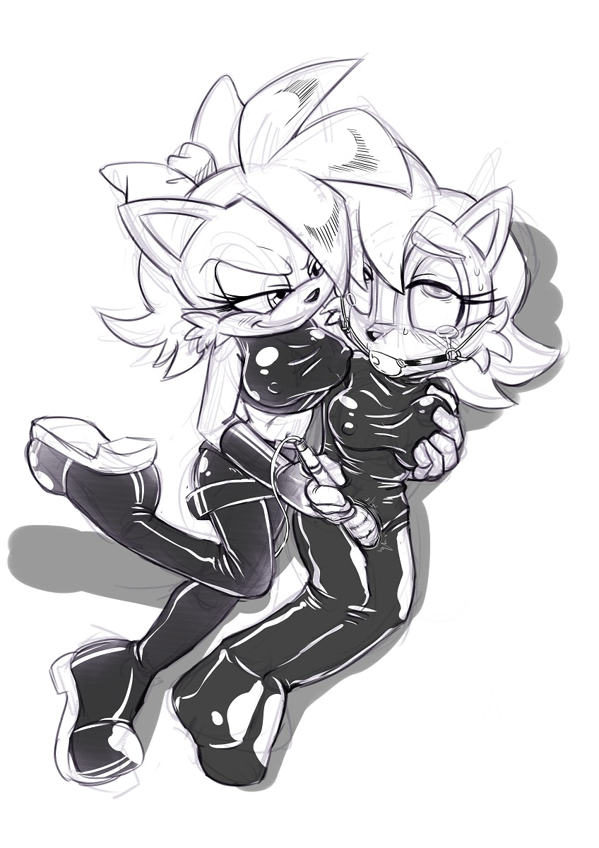 2girls, anthro, archie comics, arms behind back, ball gag, bodysuit, bondage, boots, bound, breast grab, breasts, canine, chipmunk, female, female only, femdom, femsub, fiona fox, fox, furry, gag, gagged, hourglass figure, kandlin, latex, legs together, miniskirt, monochrome, multiple females, multiple girls, nipples, restrained, rodent, sally acorn, sega, sketch, sonic (series), sonic the hedgehog (archie), sonic the hedgehog (comics), sonic the hedgehog (series), squirrel, tears, vibrator, yuri