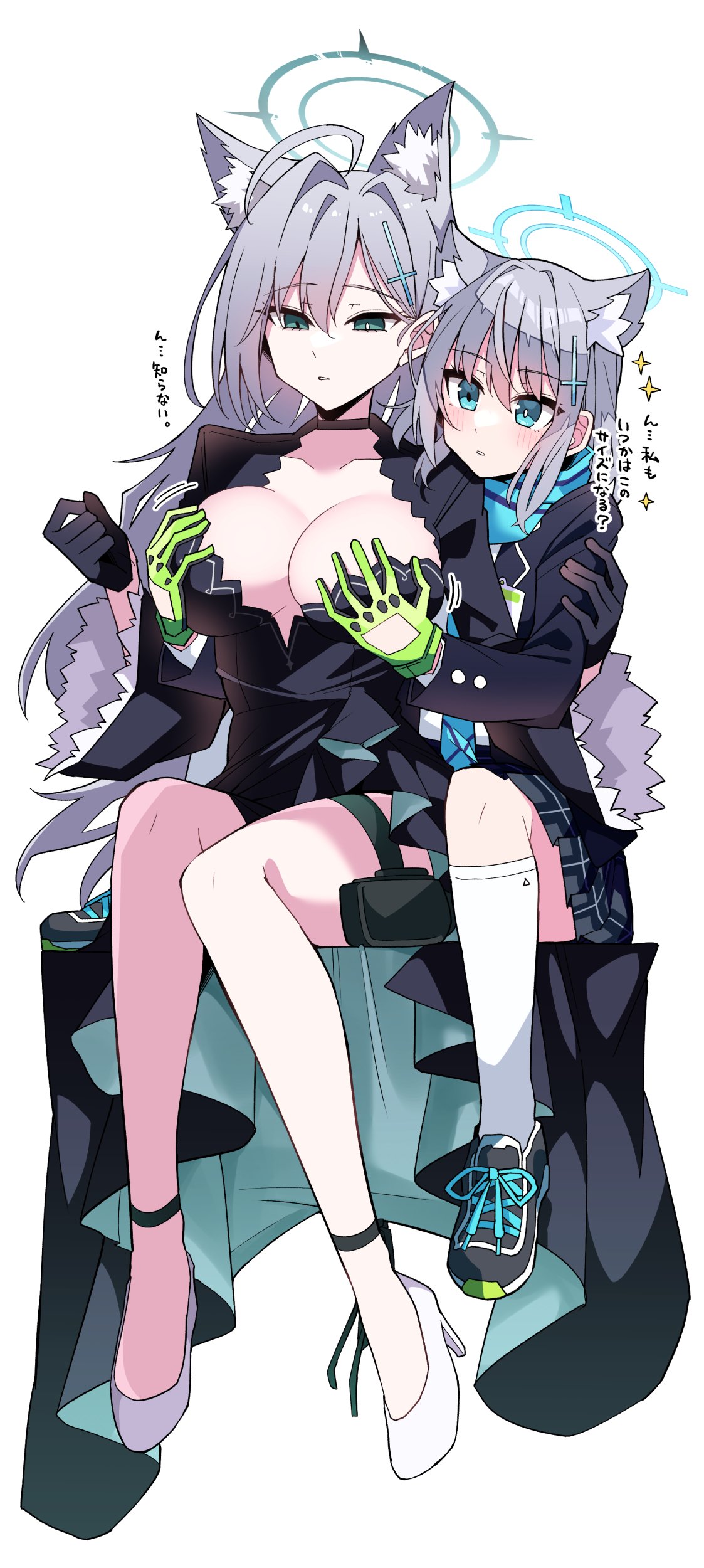 2girls absurdres animal_ears bare_legs black_dress black_footwear black_gloves black_skirt black_vest blue_archive blue_halo blue_scarf breasts center_opening dress gloves grabbing_another's_breast green_eyes green_gloves green_halo grey_hair groping hair_between_eyes halo high_heels highres himiya_jouzu large_breasts long_hair multiple_girls scarf school_uniform selfcest shiroko_(blue_archive) shiroko_terror_(blue_archive) shoes short_hair skirt socks vest white_background white_footwear white_socks wolf_ears yuri