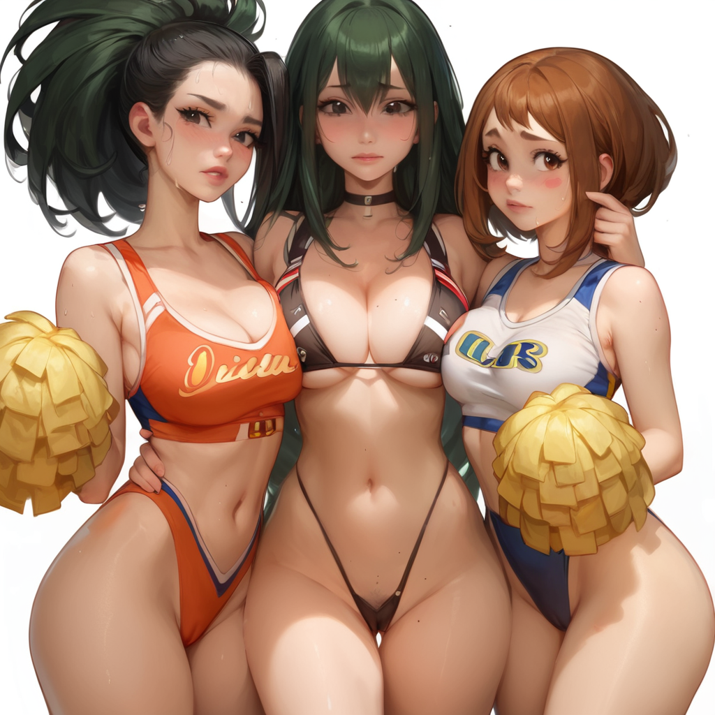 3girls ai_generated bigrx cheerleader kittew_(style) looking_at_viewer momo_yaoyorozu my_hero_academia ochako_uraraka revealing_clothes tsuyu_asui