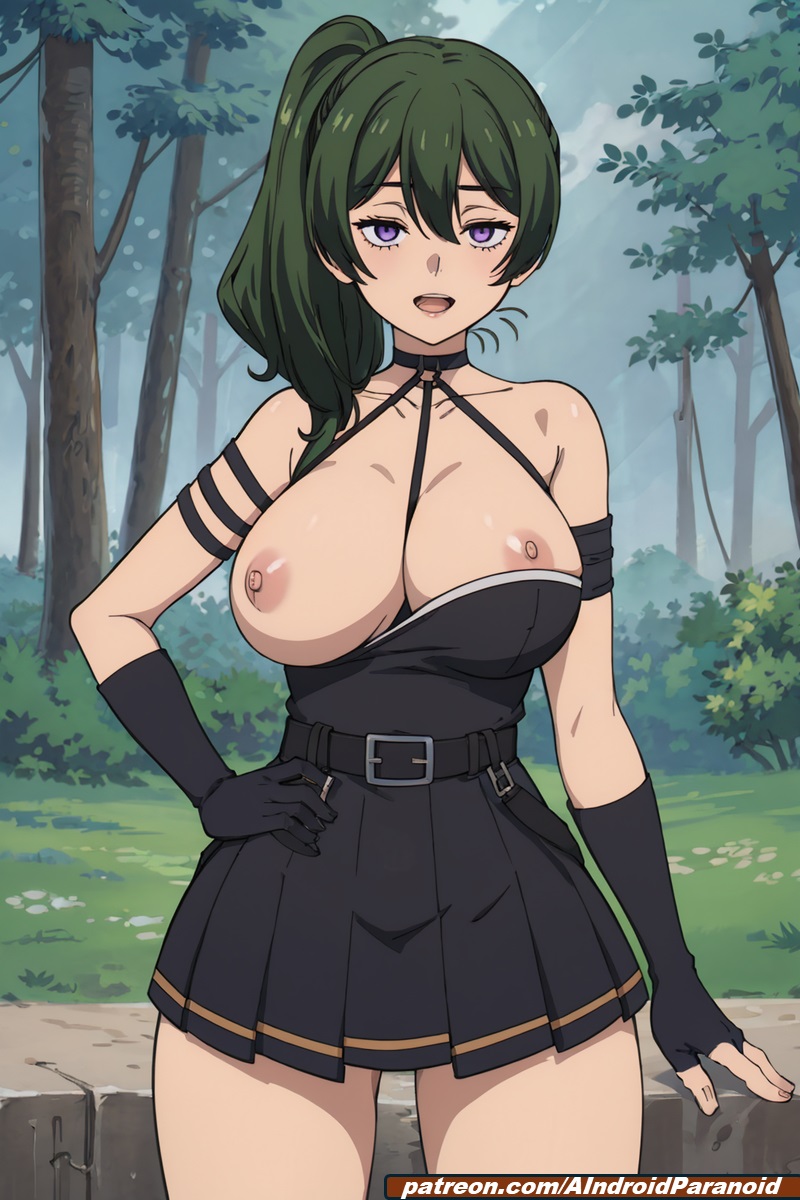 ai generated, aindroidparanoid, big breasts, breasts, breasts out, cleavage, covered nipples, cowgirl position, dress, female, forest, frieren beyond journey's end, green hair, hard sex, hips, hourglass figure, huge breasts, magical girl, male, narrow waist, nipples, outdoors, penetration, penis, ponytail, purple eyes, sex, slim waist, sousou no frieren, spread legs, stable diffusion, tits out, topless, ubel (sousou no frieren), wide hips