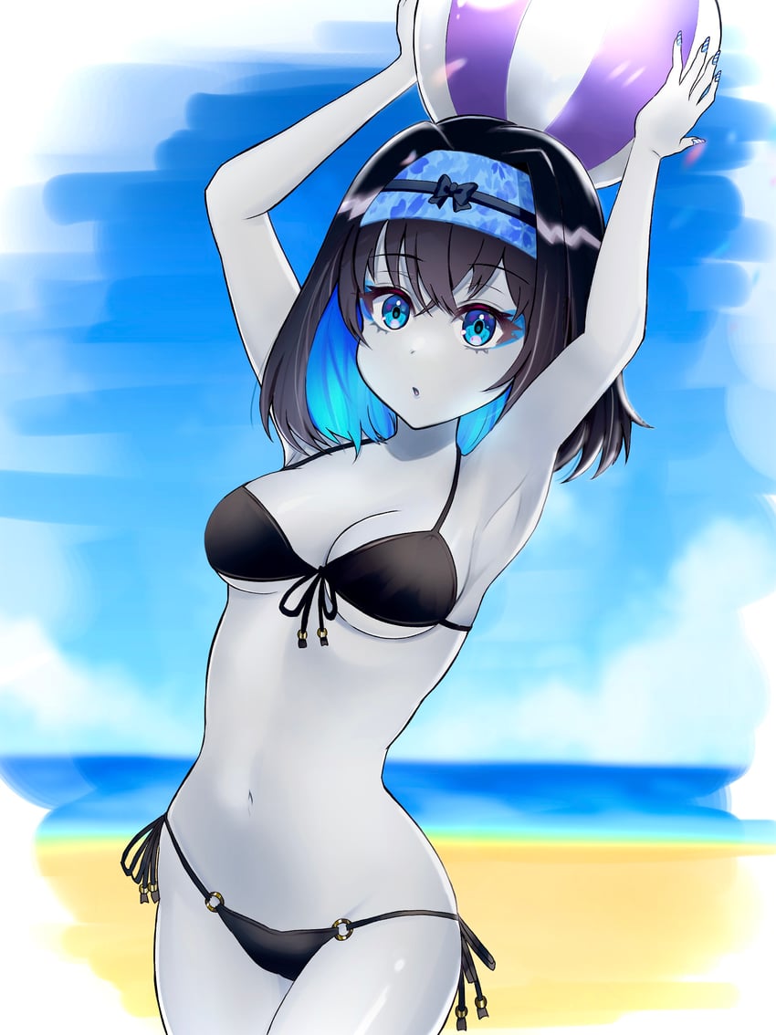 1girls autoscorer beach beach_ball bikini black_bikini blue_eyes blue_hair brown_hair garie_tuman hairband looking_at_viewer mitsuka! multicolored_hair open_mouth pale_skin senki_zesshou_symphogear shiny_hair short_hair water