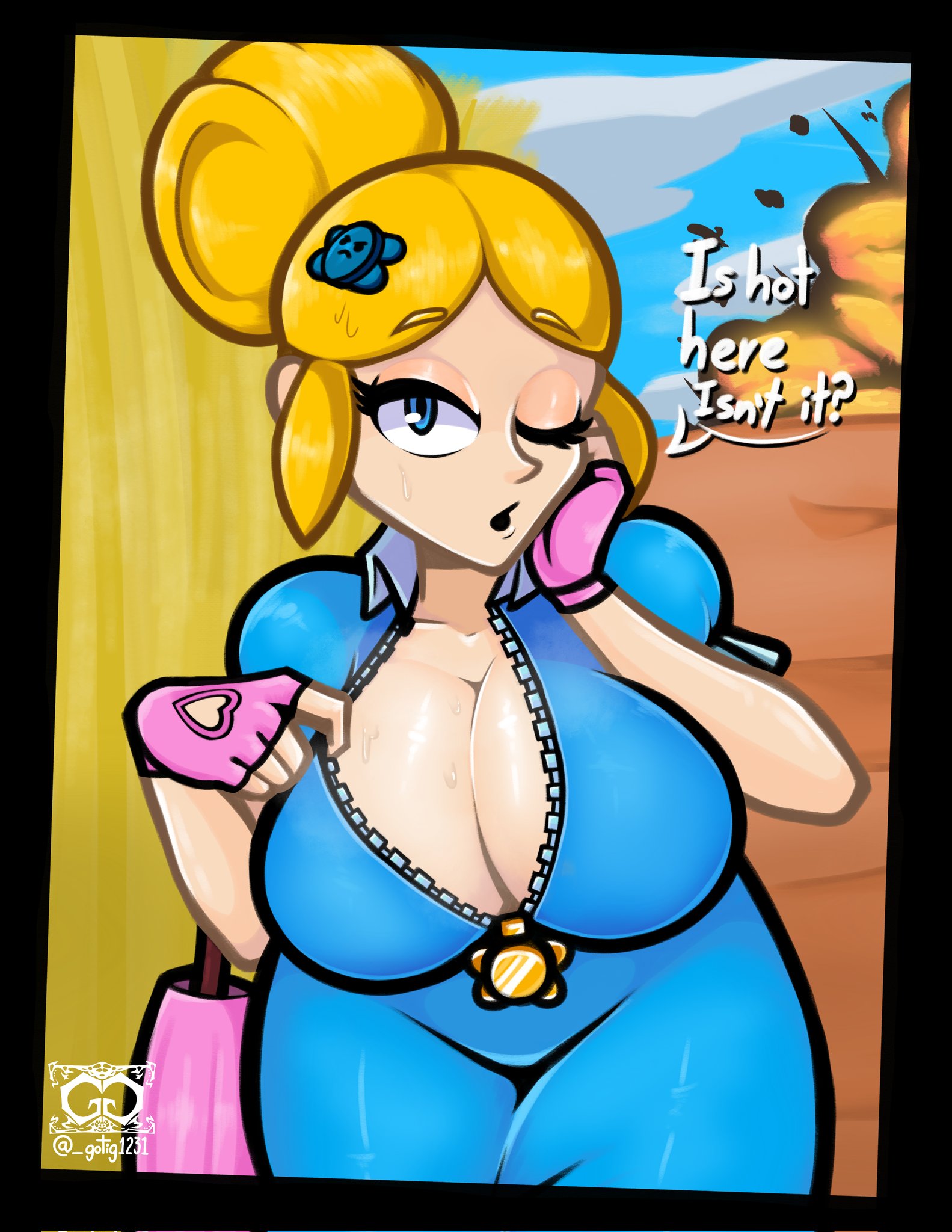 1girls, 2024, big breasts, blonde hair, blue eyes, boob window, brawl stars, breasts, busty, clothed, clothed female, clothing, curvaceous, curvy, curvy body, curvy female, curvy figure, curvy hips, dress, english, english text, female, female focus, female only, front view, gloves, gotig1231, hairclip, huge breasts, large breasts, light skin, light-skinned female, long hair, looking at viewer, no bra, one eye closed, open mouth, piper (brawl stars), ponytail, shiny, shiny clothes, shiny hair, shiny skin, solo, solo female, solo focus, standing, submission by colette, submissive, supercell, text, umbrella, unzipped, voluptuous, voluptuous female, yellow hair