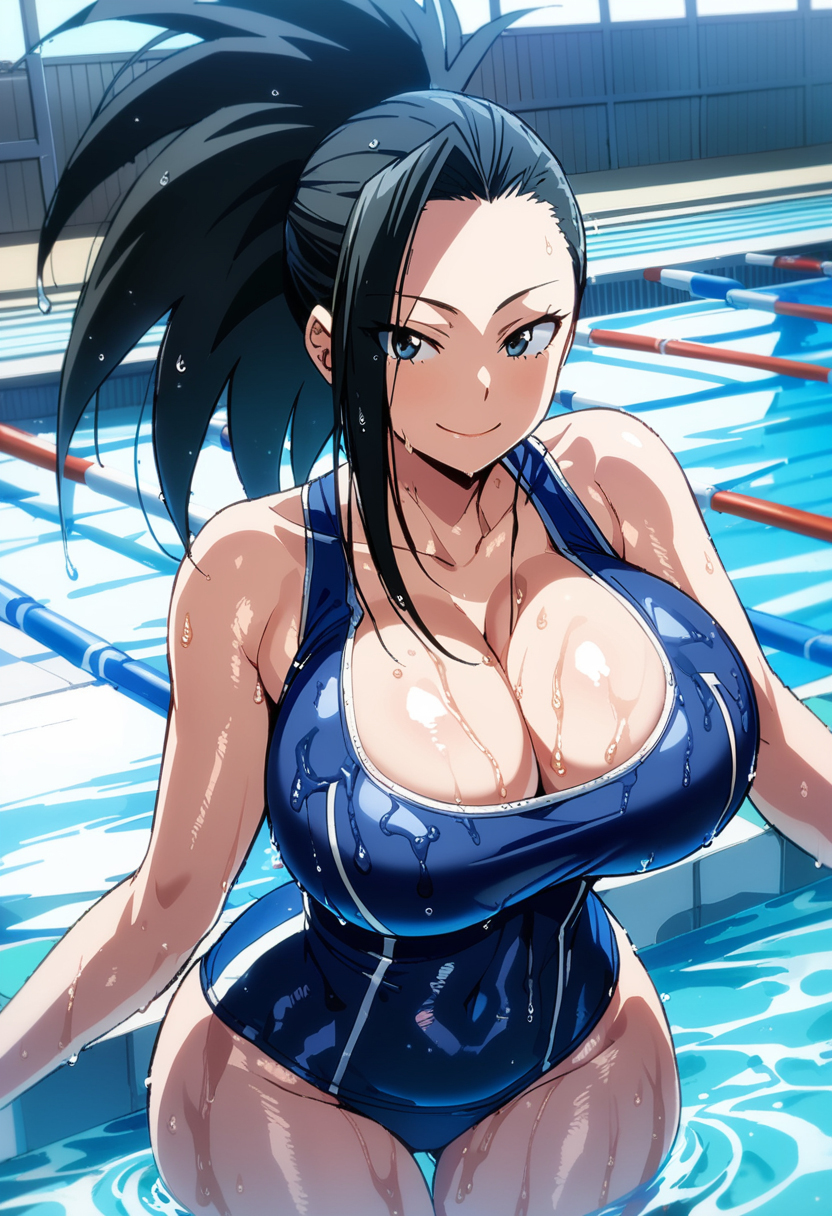 ai generated, big breasts, black hair, blue eyes, breasts, cleavage, collarbone, female, female focus, female only, kemonogirls, large breasts, momo yaoyorozu, my hero academia, one-piece swimsuit, solo, thick thighs, thighs, tied hair
