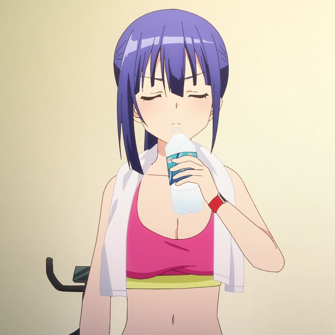 1girls alternate_hairstyle annoyed big_breasts blue_hair breasts busty cleavage closed_eyes engage_kiss female female_only hi_res large_breasts legs long_hair midriff navel pants ponytail screencap solo sports_bra thighs towel_around_neck voluptuous water_bottle yuugiri_ayano