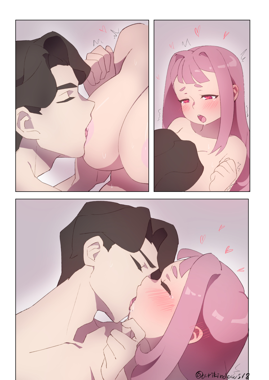 1boy andrew_hanbridge arikindows10 black_hair blush breast_sucking breasts closed_eyes female french_kiss highres jasminka_antonenko kissing large_breasts little_witch_academia long_hair nipples nude open_mouth pink_eyes pink_hair plump saliva straight tears