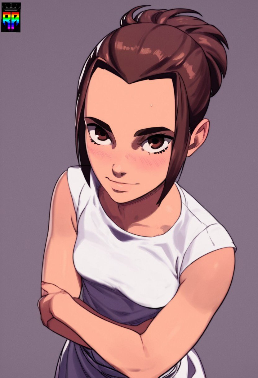 ai generated, attack on titan, blush, breasts, brown eyes, brown hair, crossed legs, cute face, d-art style, female, gabi braun, repartz, small breasts, temptation, white clothing