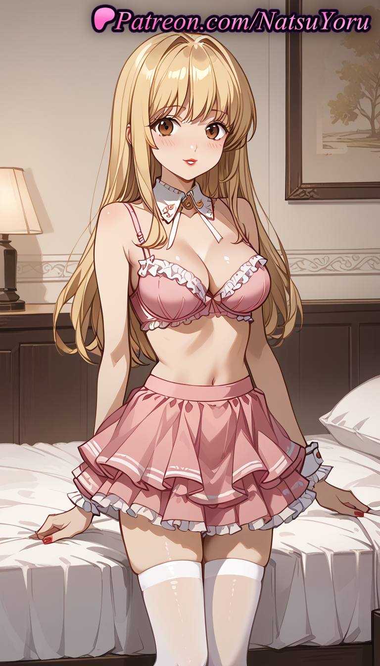 1girls ai_generated anime anime_style bangs bare_arms bare_shoulders bed bedroom blonde_hair blush bra breasts brown_eyes bust busty cleavage death_note detached_collar female female_focus female_only frilled_bra frilled_skirt frills hair_intakes hentai indoors lamp layered_skirt lips lipstick long_hair looking_at_viewer makeup medium_breasts midriff miniskirt misa_amane nail_polish natsuyoru navel on_bed parted_lips picture_frame pillow pink_bra pink_skirt pleated_skirt red_lips red_nails skindentation skirt smile solo solo_female standing stomach thighhighs underwear voluptuous voluptuous_female white_thighhighs wrist_cuffs zettai_ryouiki