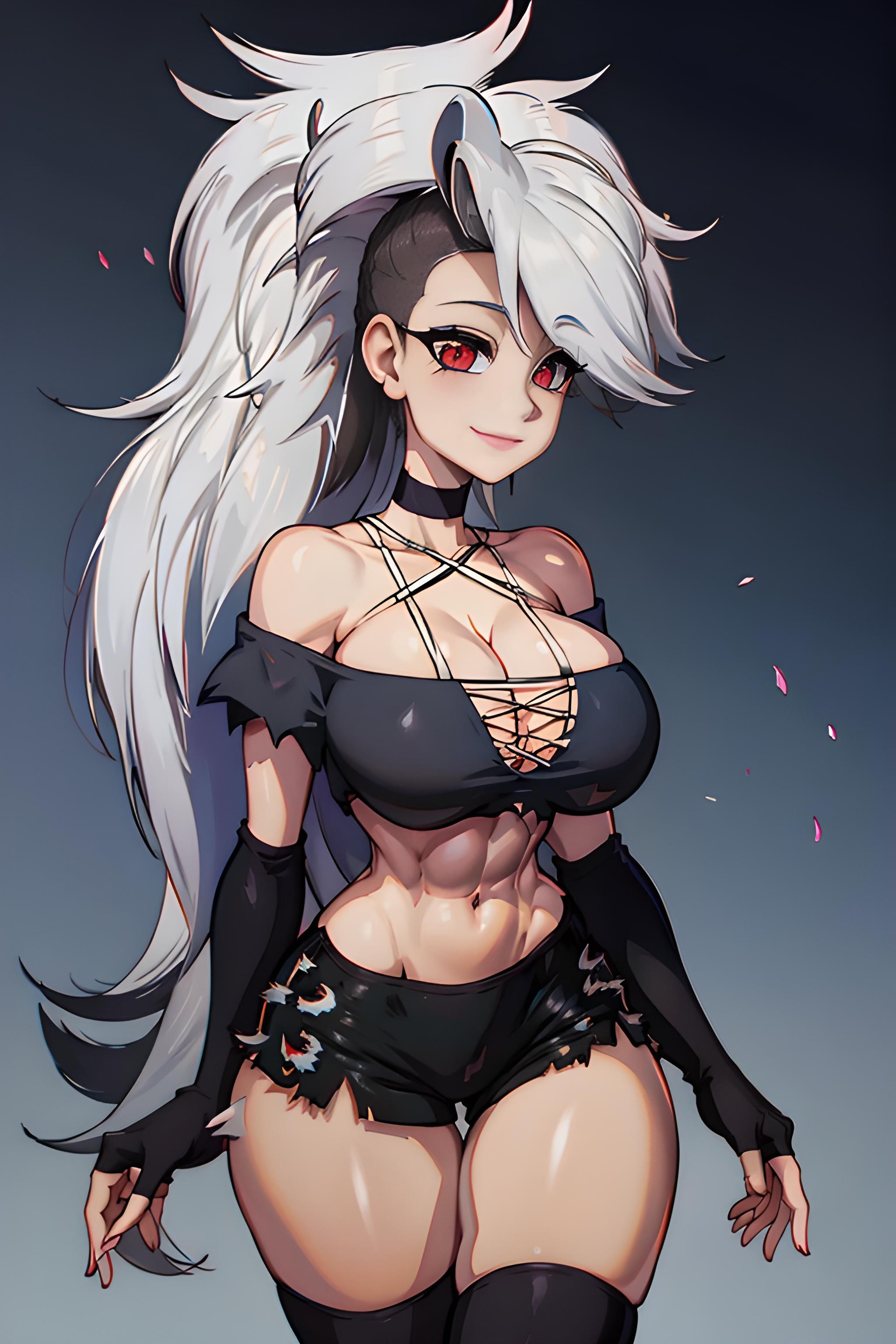 abdomen, abdominals, abs, ai generated, anime, anime style, bare shoulders, belly button, big breasts, breasts, cleavage, female, firm breasts, gloves, helluva boss, hourglass figure, huge breasts, human loona, large breasts, looking at viewer, loona (helluva boss), midriff, miniskirt, navel, red eyes, round breasts, shiny, shiny breasts, shiny clothes, shiny hair, shiny skin, silver hair, simple background, sky4maleja, slim waist, smile, thick thighs, thighhighs, tight clothing, upper body, very long hair