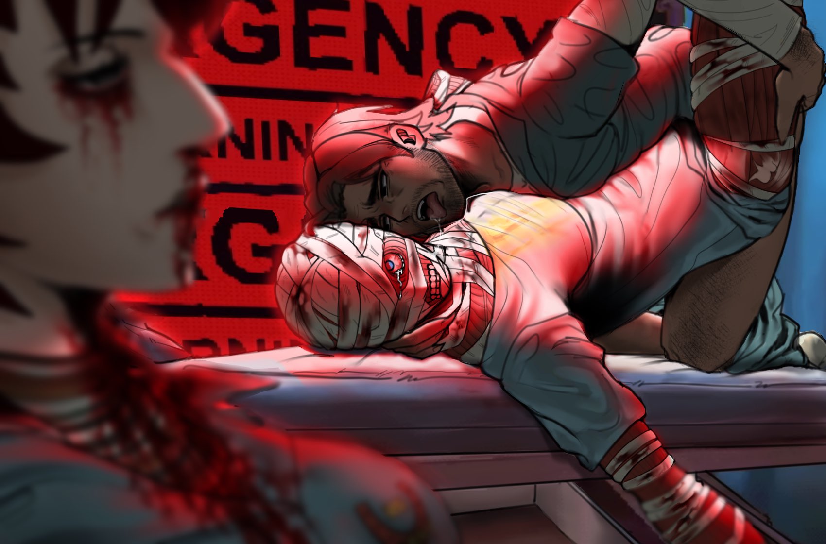 1girls, 2boys, amputee, anya (mouthwashing), avoiding eye contact, bandage, bandages, blood on face, blood stain, bloody clothes, bloody nose, blurry foreground, colored, crying, curly (mouthwashing), dead, death, drooling, exposed flesh, exposed muscle, female, female death, furrowed eyebrows, guro, hi res, hospital gown, jimmy (mouthwashing), licking, lifting legs, looking at another, looking away, male, male/male, mouthwashing, muscles, necrophilia, noncon, nonconsensual, nonsexual death, nosebleed, on bed, overdose, pants around ankles, pants down, rape, raped, raping, rapist, skinless, suicide, tears, tongue, tongue out