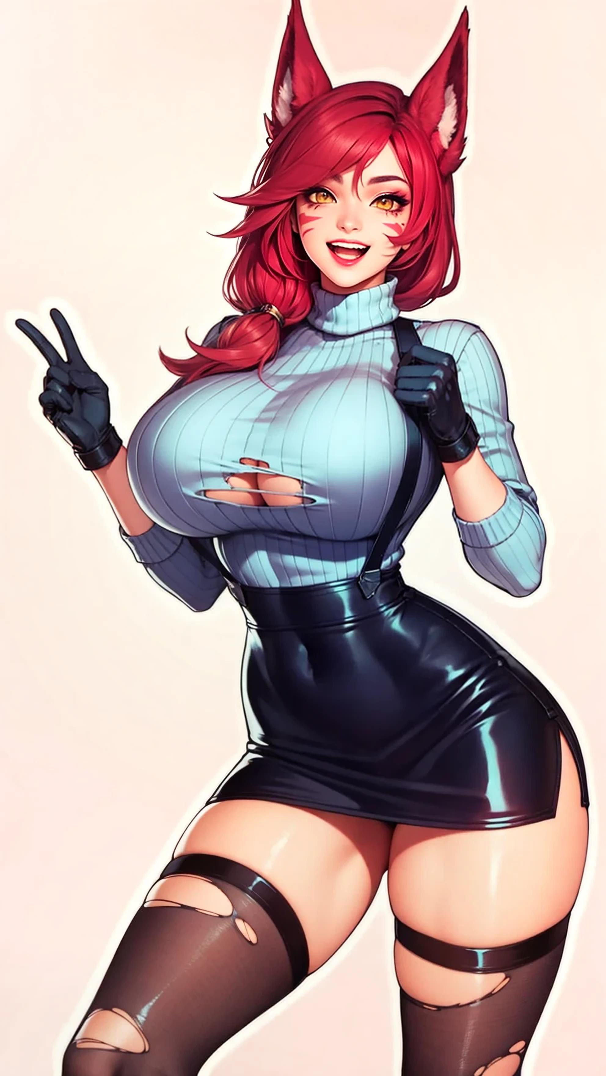 ai generated, anime, anime style, ass, belly button, big breasts, bimbo body, breasts, detailed, female, female focus, female only, firm breasts, gloves, happy, hourglass figure, huge breasts, large breasts, league of legends, miniskirt, open mouth, red hair, riot games, round breasts, seducing, seduction, seductive, seductive body, seductive eyes, seductive gaze, seductive look, seductive mouth, seductive pose, seductive smile, shiny, shiny clothes, shiny hair, shiny skin, simple background, sky4maleja, smile, smile at viewer, smiley face, suspender skirt, suspenders, teeth, thick thighs, thin waist, tight clothes, tight clothing, tight fit, torn clothes, torn clothing, turtleneck, vastaya, xayah, yellow eyes