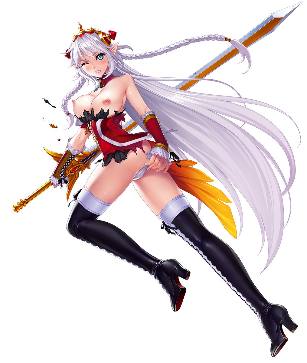 aqua_eyes ass bangs boots bouncing_breasts braid breasts dress elf eyebrows_visible_through_hair female female full_body green_eyes grey_hair hair_ornament highres holding holding_weapon large_breasts long_hair looking_at_viewer looking_back nipples no_bra panties primea red_dress sano_toshihide shiny shiny_skin short_dress silver_hair simple_background solo strapless strapless_dress sword taimanin_(series) taimanin_asagi_battle_arena thigh_boots thighhighs twin_braids underwear very_long_hair weapon white_background white_panties