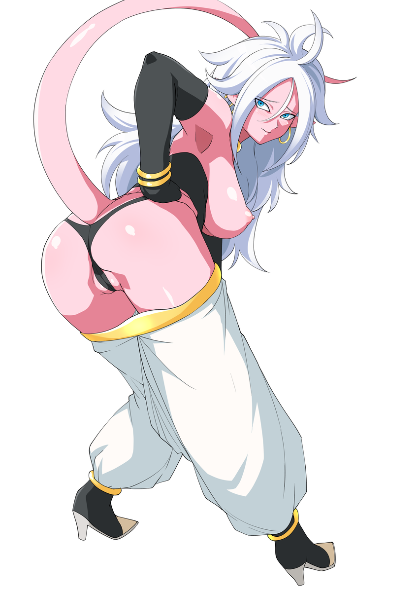 1girls 2010s android_21 android_21_(good) black_panties blue_eyes breasts dragon_ball dragon_ball_fighterz female female_only haruhisky humanoid light_persona long_hair majin majin_android_21 monster_girl pink_skin pointy_ears solo tail white_hair