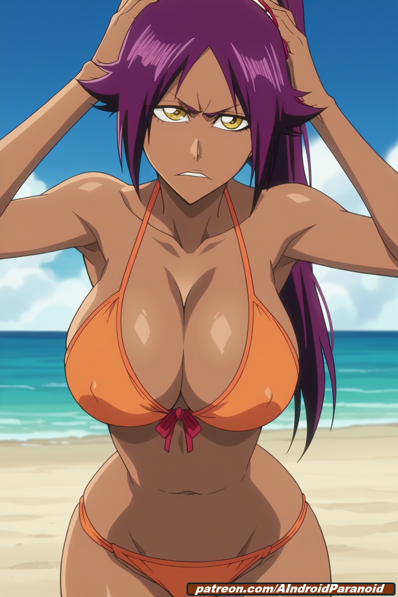 ai generated, aindroidparanoid, ass, beach, big ass, big breasts, bikini, bleach, breasts, dark skin, female, huge breasts, large ass, large breasts, large butt, ocean, purple hair, shihouin yoruichi, stable diffusion, swimsuit, yellow eyes