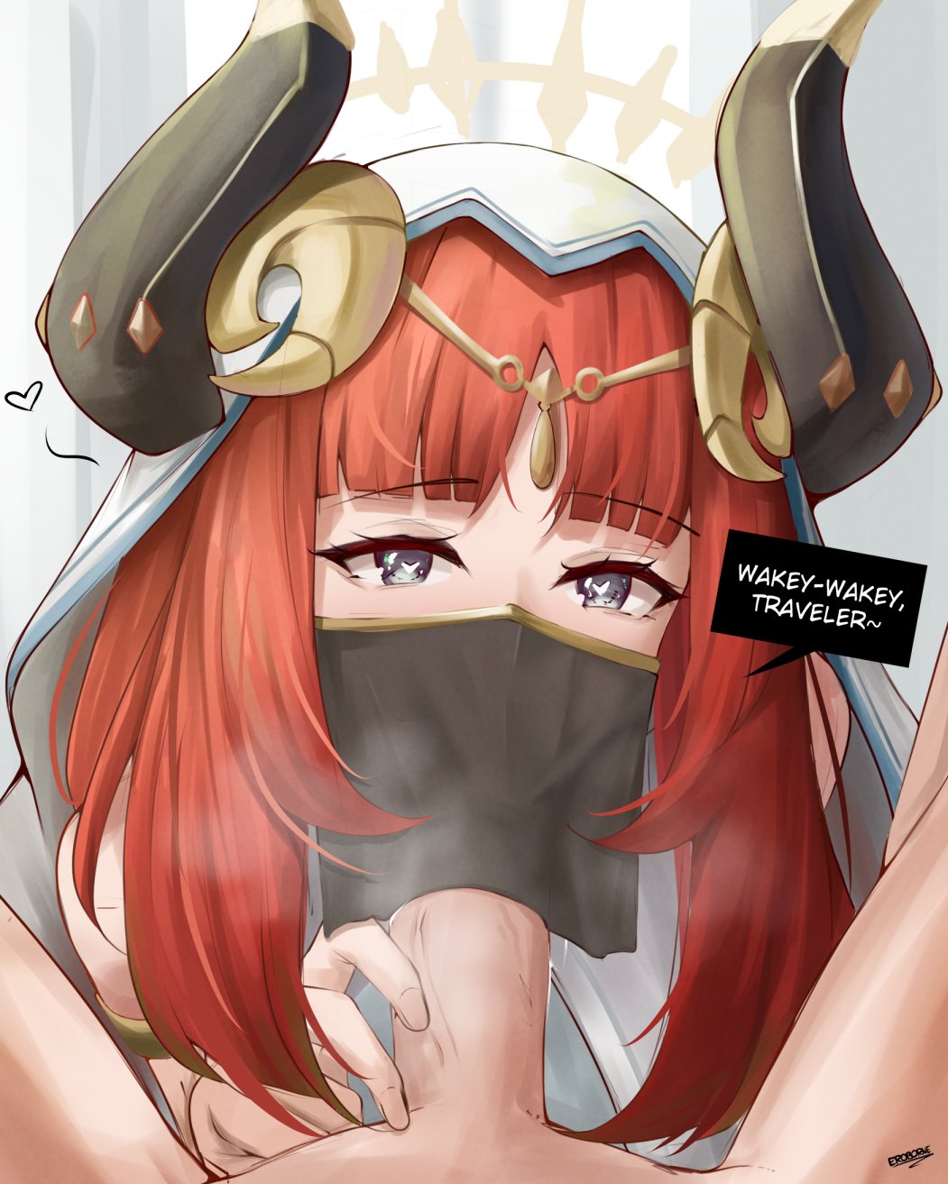 1boy 1girls :>= aether_(genshin_impact) circlet covered_fellatio english_commentary english_text eroborne fake_horns fellatio female genshin_impact heart heart-shaped_pupils highres horns light-skinned_female light-skinned_male light_skin long_hair looking_at_viewer male_pov mouth_veil nilou_(genshin_impact) oral penis pov red_hair speech_bubble straight symbol-shaped_pupils uncensored veil veins veiny_penis white_veil