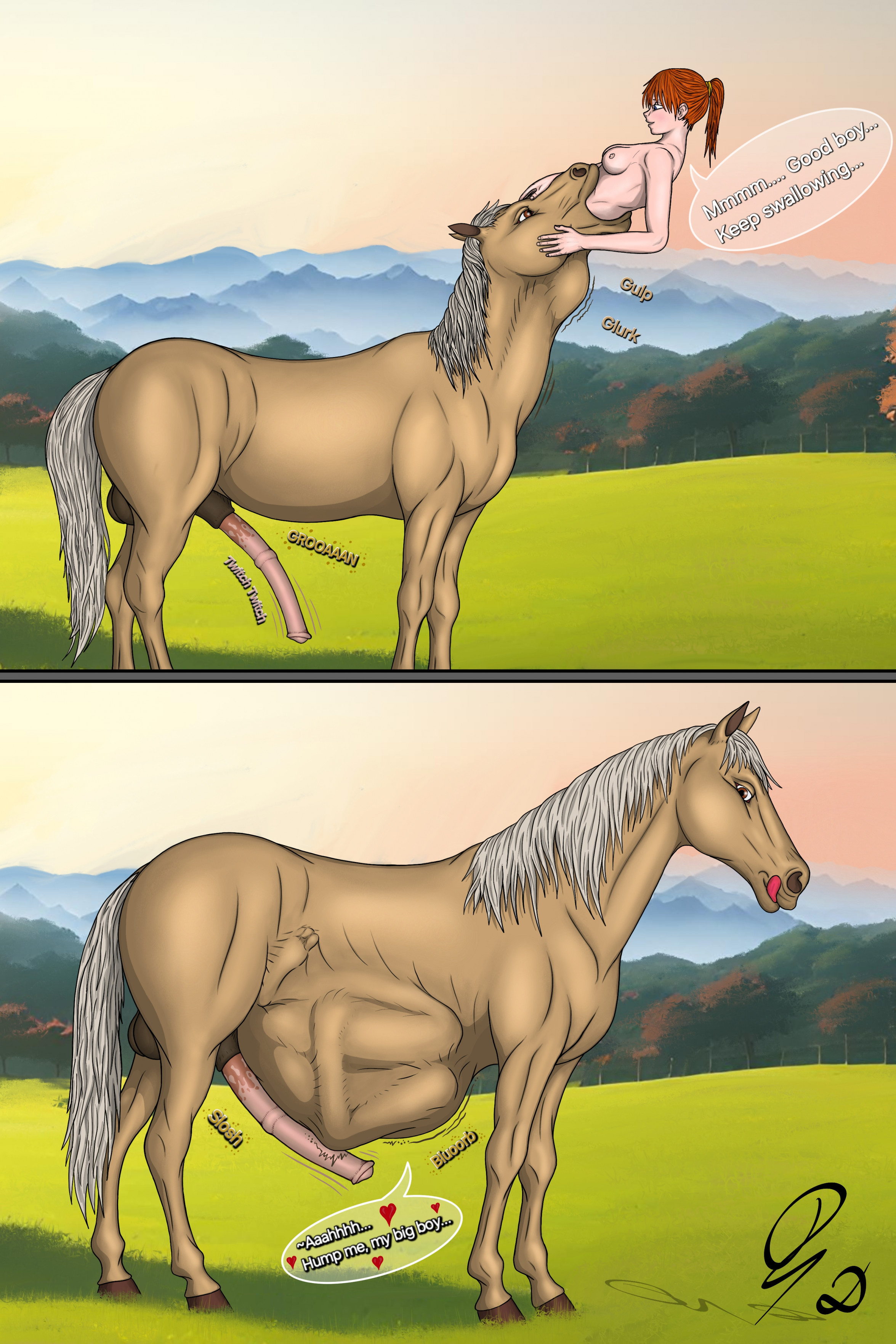 belly, belly bulge, big belly, breasts, dialogue, dragonczech, equine, equine penis, erection, female, female prey, feral, feral pred, horse, horsecock, human, human prey, male, male pred, nipples, oral vore, penis, red hair, same size vore, text, vore, willing prey, willing vore, zoophilia