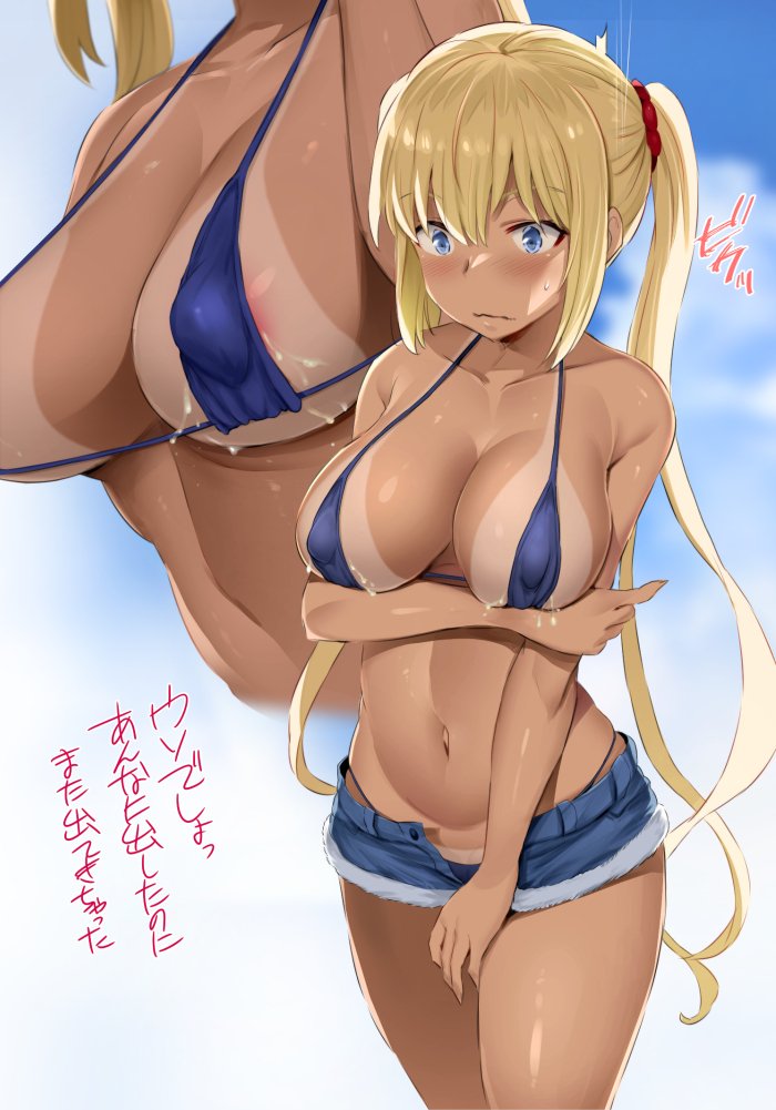 1girls, big breasts, bikini, blend s, blonde hair, blue eyes, blush, breasts, cleavage, denim shorts, erect nipples, female, female only, hinata kaho, lactation, large breasts, micro bikini, milk, nipple bulge, nipples, noripachi, short shorts, solo, swimsuit, tan, tanline, twintails