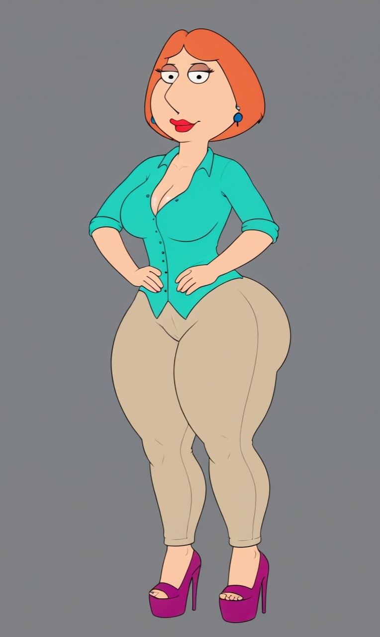 ai generated, ass, big ass, big butt, borednlonely, bottom heavy, breasts, button down shirt, child bearing hips, cleavage, clothed, clothing, curvaceous, curvy, family guy, female, high heels, large breasts, lois griffin, mature female, milf, mommy, platform heels, red hair, red head, red lipstick, seductive, seductive eyes, small waist, thick legs, thick thighs, tight clothing, tight pants, voluptuous, wide hips