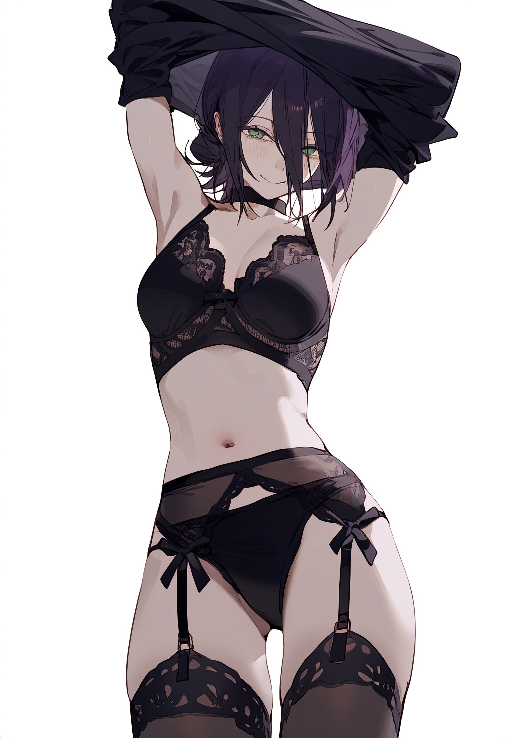 1girls, ai generated, ass, black bra, black panties, black thighhighs, black underwear, breasts, chainsaw man, choker, clothing, curvy, curvy figure, female, female focus, female only, green eyes, hair between eyes, lingerie, medium breasts, purple hair, reze (chainsaw man), sagawa (artist), seductive, short hair, thick thighs, underwear