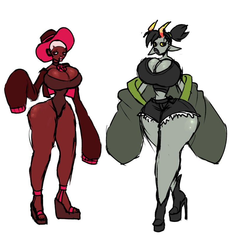 alien big_hat bimbo black black_lipstick black_skin breasts breeoche choker dark_skin dark_skinned_female hat heels homestuck homestuck_troll horn horns ignavia_(sboobart) jacket large_breasts large_hips large_thighs lipstick makeup original_character original_characters pentagram thighs tiny_waist troll