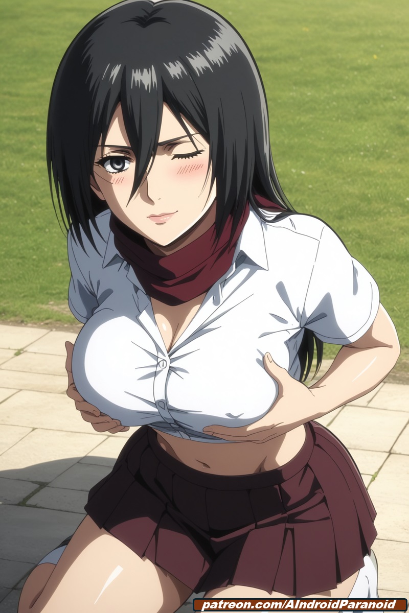 ai generated, aindroidparanoid, ass, attack on titan, black eyes, black hair, breasts, female, huge ass, huge breasts, huge butt, large breasts, light skin, light-skinned female, long hair, mikasa ackerman, narrow waist, park, red scarf, scarf, school uniform, schoolgirl, shingeki no kyojin, shirt, skirt, slim waist, stable diffusion, standing, straight hair