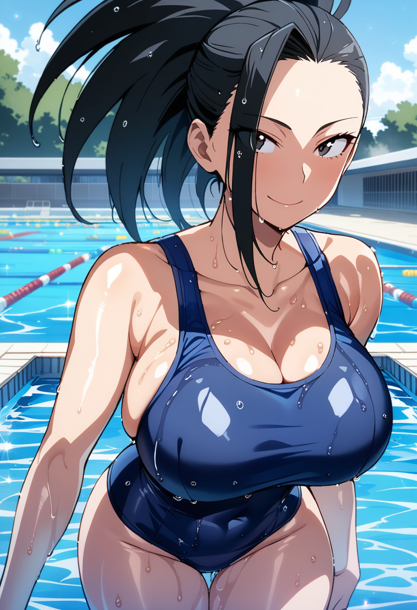 ai_generated big_breasts black_eyes black_hair breasts cleavage collarbone female female_focus female_only kemonogirls large_breasts momo_yaoyorozu my_hero_academia one-piece_swimsuit solo thick_thighs thighs tied_hair