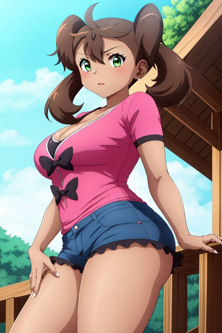 ai_generated blush brown_hair busty cleavage creatures_(company) curvy denim_shorts facing_viewer female female female_only frilled_shorts front_view game_freak green_eyes hi_res highres nintendo outdoors pink_shirt pokemon pokemon_(game) pokemon_trainer pokemon_xy pose seraphim_ai shauna_(pokemon) smile solo stable_diffusion thick_thighs