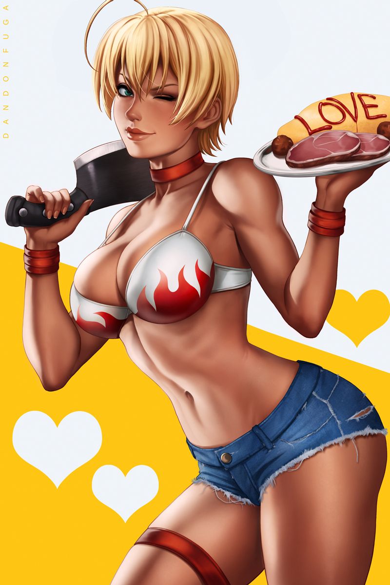 1girls, big breasts, blonde hair, blonde-haired female, breasts, cleavage, dandon fuga, female, female only, gyaru, large breasts, looking at viewer, mito ikumi, pinup, shokugeki no souma, short hair, short shorts, shorts, solo